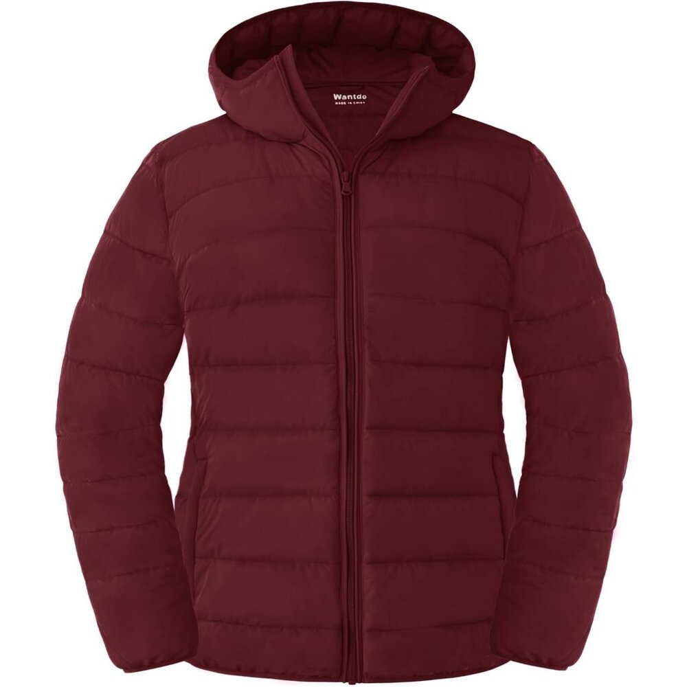 Women's Wine Red Lightweight Full Zip Quilted Jackets Windproof Warm Hood Style
